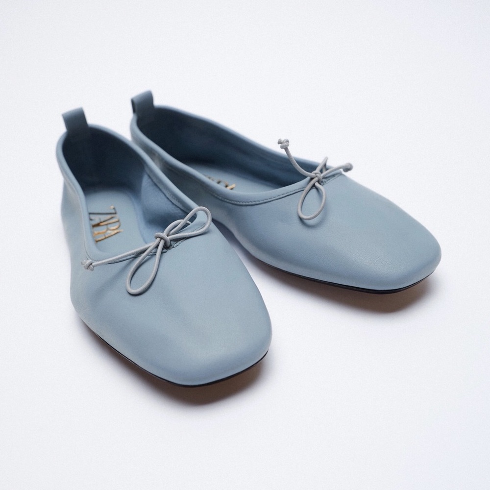 Zara Periwinkle Blue Genuine Leather Ballet Flats Bow Detail 7.5 EURO 38
